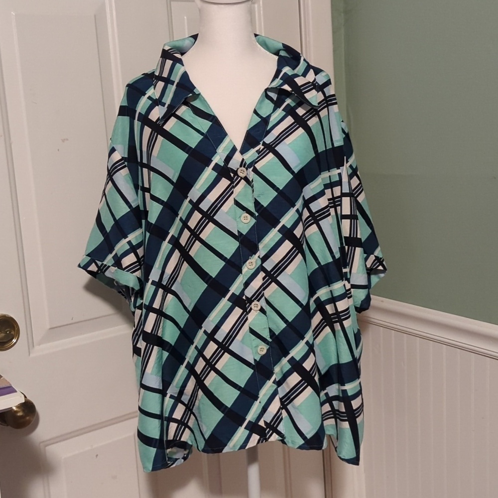 Selene Sport Collared Shirt V Neck Button Down Shirt Sleeves Blues 3X